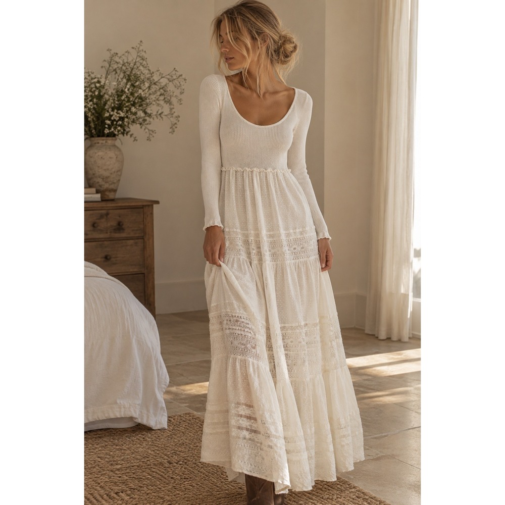 Free People Earth Angel Maxi Dress Ivory White Lace Ribbed Knit Long Sleeve L